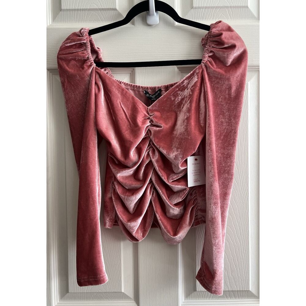 MINKPINK Ruched Pink Velvet Stretch Puff Sleeve Top Blouse - Picture 4 of 13